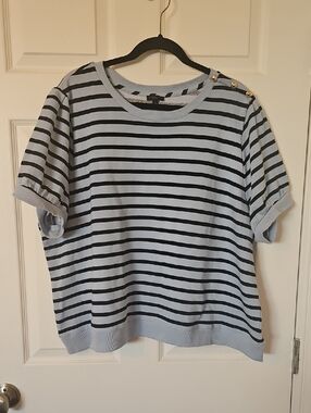 Talbots Light Blue and Black Striped Short-Sleeve Top with Gold Shoulder Buttons